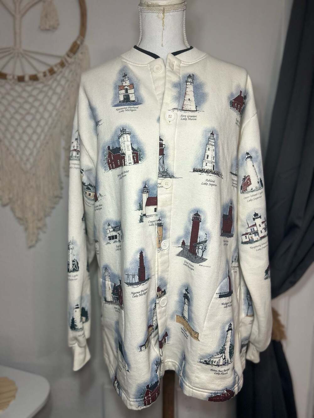 Vintage 90s Art Unlimited Sportswear Lighthouse Print Button-Up Sweatshirt